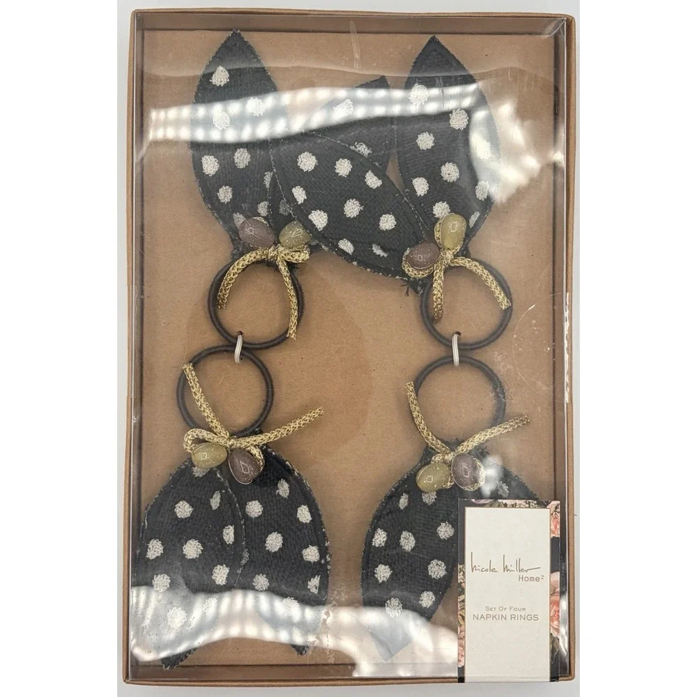 Nicole Miller Easter Rabbit Ears Black Polka Dot egg Napkin Rings Set of 4